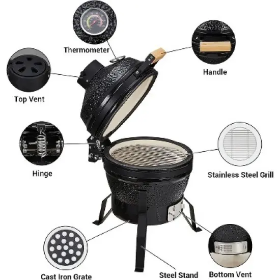 Acekool 13" Ceramic Charcoal Grill - Portable Egg-Style Cooker with Stand, Stainless Grate & Heat Deflectors for Outdoor BBQ & Baking image {4}