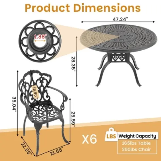7-Piece Cast Aluminum Outdoor Dining Set with Beige Cushions, Round Table & Ergonomic Chairs - for Patio, Backyard image {3}