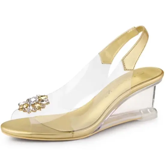 Allegra K Women's Clear Slingback Wedges Rhinestone Transparent Peep Toe Heels image {10}