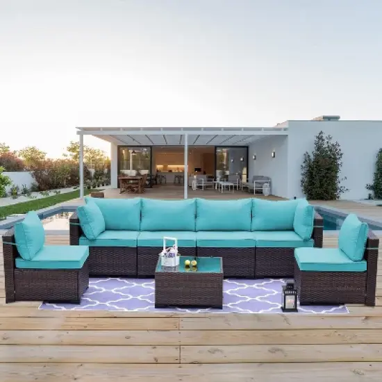 ALAULM Patio Furniture 7 Pieces Outdoor Sectional PE Rattan Sofa Set Brown Manual Wicker Patio Conversation Set image {9}