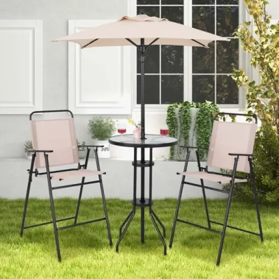 Costway 4PCS Patio Bistro Set Folding Counter Height Chairs Round Bar Table& Umbrella image {4}
