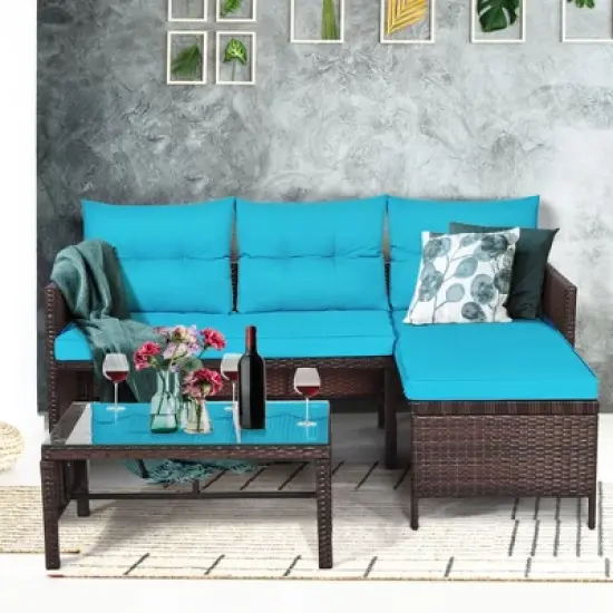 Tangkula 3-Piece Outdoor Rattan Wicker Sectional Sofa Set Patio Conversation Sofa Set image {4}