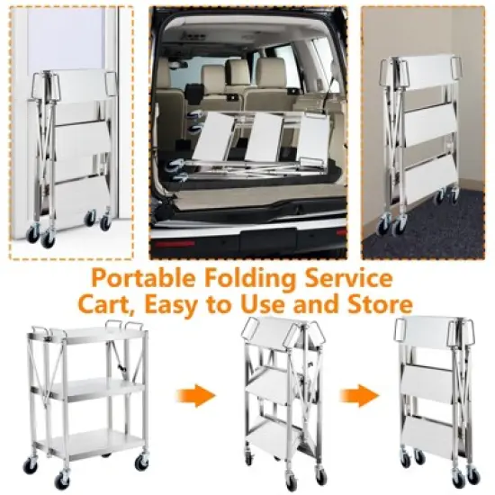Folding Utility Cart, Stainless Steel Collapsible Service Cart 133 Lbs Large Loading per Shelf, Sturdy 3-Tier Rolling Cart with Wheels Lockable image {4}