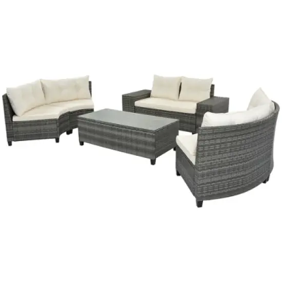8-Piece Outdoor Patio Wicker Half-Moon Sectional Sofa Set with Rectangular Coffee Table image {8}