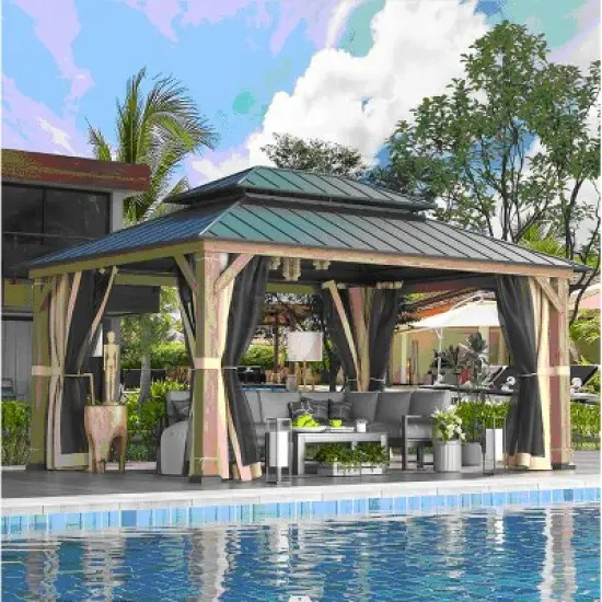 EROMMY 12'x16' Metal Frame Double Roof Gazebo, Outdoor Hardtop Gazebo, Permanent Gazebo Pavilion for Patio image {2}