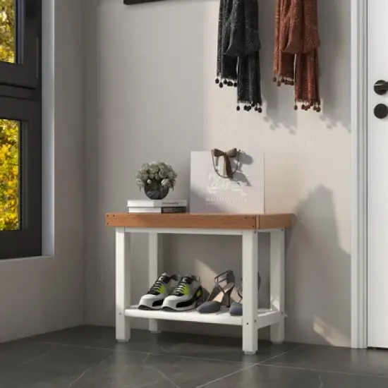 Costway 24" x 12" Heavy Duty Waterproof HDPE Shower Bench Stool with Storage Shelf White/Off White & Brown image {9}