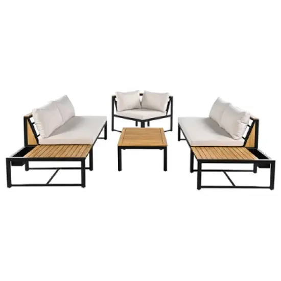 4-Piece Outdoor Patio Iron Sectional Sofa Set with Coffee Table and Side Storage Shelf image {8}