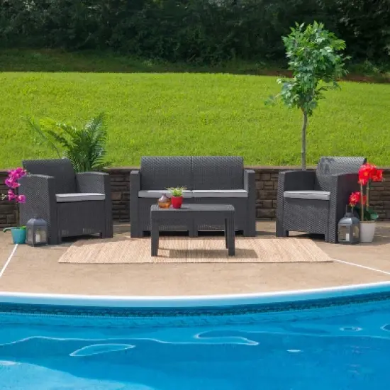 Flash Furniture Faux Rattan Loveseat with All-Weather Cushions image {1}