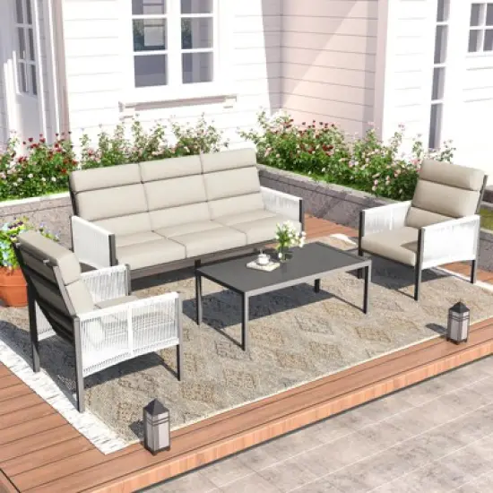 XINGHANZHENXUAN Blue 4-Piece Patio Dining Set, Rust-Resistant Outdoor Furniture with Comfortable Seating and Modern Design image {1}