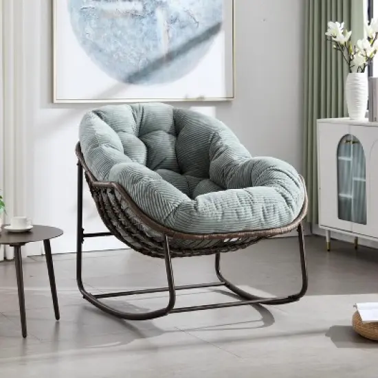 Dolonm Outdoor Rattan Rocking Chair with Padded Cushion, Oversized Recliner Rocker for Porch, Patio, Garden, Living Room, 250lbs Capacity image {10}