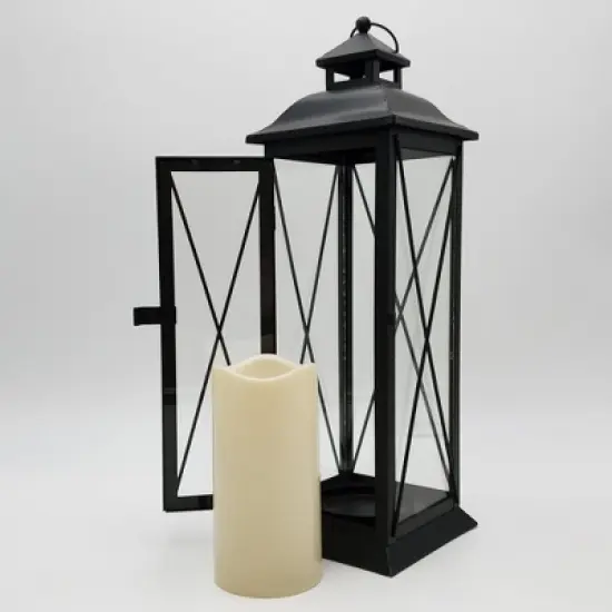 LumaBase Battery-Operated Metal Lantern with LED Candle - Crisscross image {2}