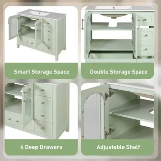 ModernLuxe 36'' Green Bathroom Vanity with Waffle Texture Glass Doors, 4 Drawers & Soft-Closing Doors, Freestanding Bathroom Storage image {5}