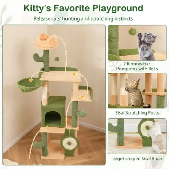 Tangkula 63" Cactus Cat Tree for Indoor Cats w/ Sisal Scratching Posts & Board Condo image {6}