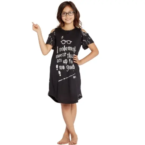 Intimo Big Girls' Harry Potter I Solemnly Swear Shoulder Cut Out Nightgown Black image {6}