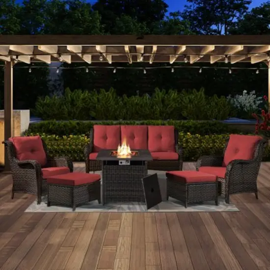 6 Pieces Outdoor Patio Furniture Set with Fire Pit Table, PE Resin All Weather Wicker Patio Propane Fire Pit Set with Patio Couch, Club Chairs in Red image {1}