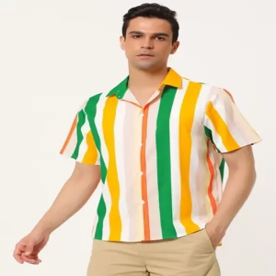 Lars Amadeus Men's Vertical Striped Shirt Short Sleeve Button Down Summer Color Block Hawaiian Beach Striped Shirts image {2}