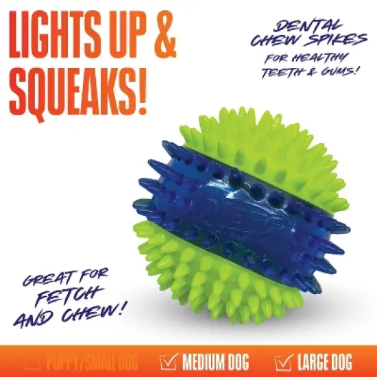 NERF Translucent 3-Part Spike LED and Squeak Dog Ball Toy - Blue/Green image {3}