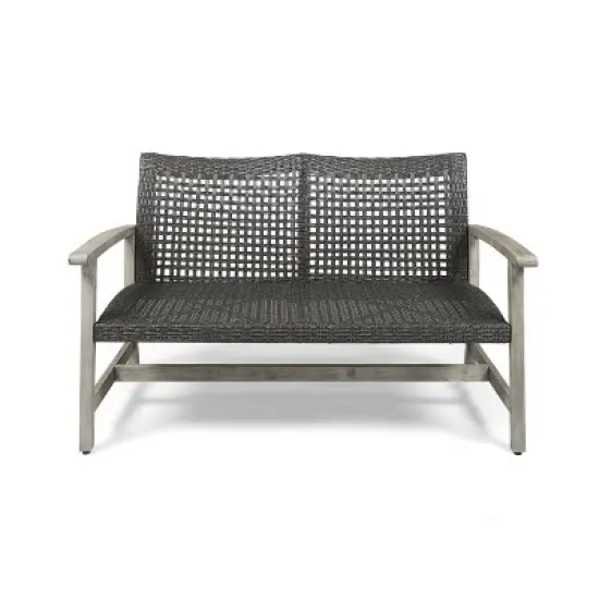 GDFStudio Jean Outdoor Acacia Wood and Wicker Loveseat image {10}