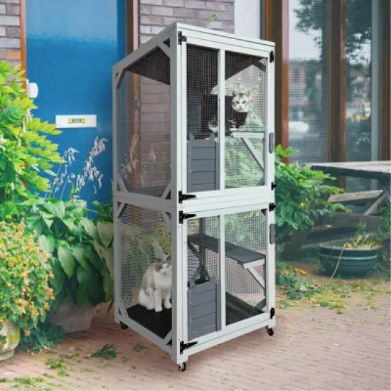 LOVMOR Wooden Catio Outdoo Cat Enclosure on Wheels, Kitty Condo Cage Shelter Playpen w/ Sliding Doors, Platforms & Weatherproof Asphalt Roof image {5}