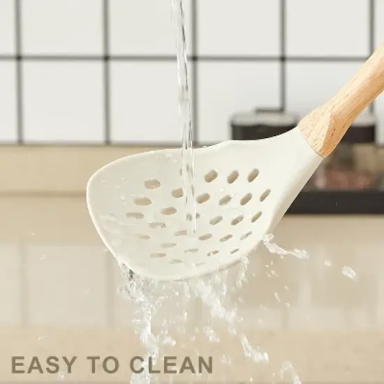 Itopfox Kitchen Utensils Set - 34 PCS Non-Stick Silicone Cooking Tools with Wooden Handle, Kitchen Gadgets for Nonstick Cookware (Cream White) image {5}