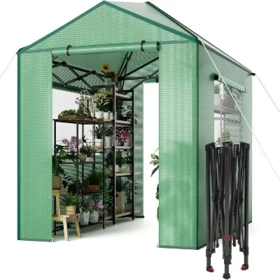 Portable Pop-Up Greenhouse For Outdoor Use, Featuring Zippered Doors And Mesh Window Walls, Heavy-Duty Pe Cover, Green. image {8}