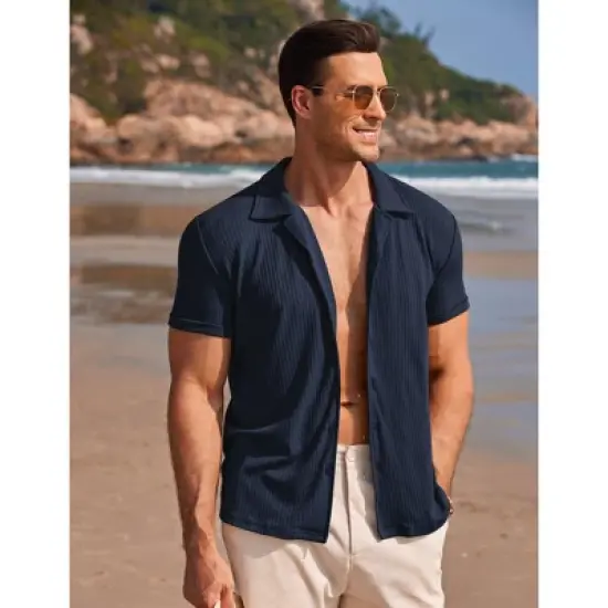 COOFANDY Mens Knit Button Down Short Sleeve Button Up Shirt Summer Casual Beach Tops image {8}