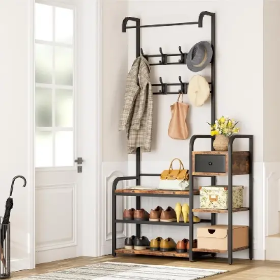 68.8" Hall Tree with Bench, 5-In-1 Entryway Organizer, Rustic Brown MDF & Metal image {8}