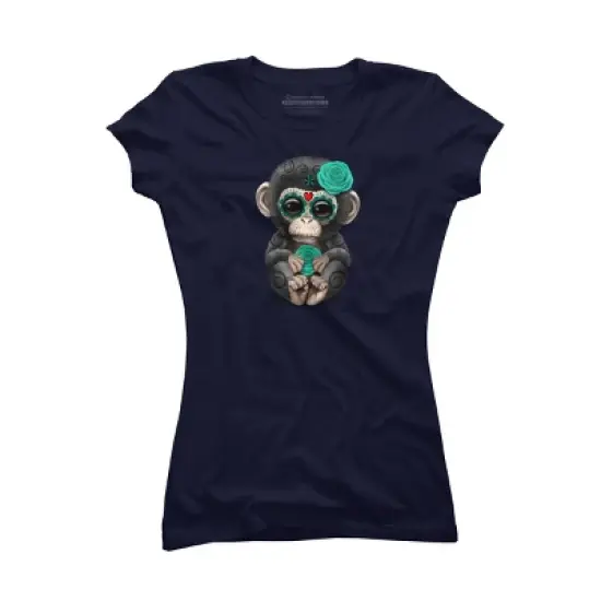 Junior's Design By Humans Blue Day of the Dead Sugar Skull Baby Chimp By jeffbartels T-Shirt image {5}