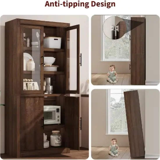 Tall Kitchen Pantry, Pantry Storage Cabinet with 2 Glass Doors & Adjustable Shelves, Farmhouse Freestanding Pantry Cupboard image {8}