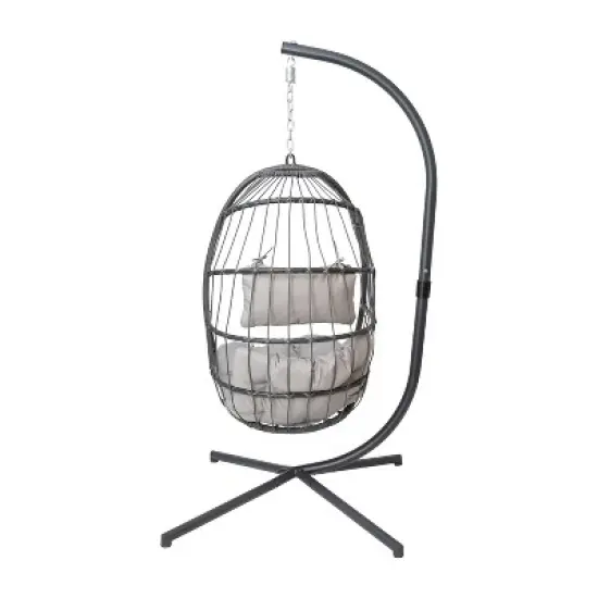 Merrick Lane Foldable Woven Hanging Egg Chair in Gray with Removable Gray Cushions and Stand for Indoor and Outdoor Use image {2}