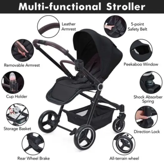 Foldable Baby Stroller, High Landscape Pushchair, Convertible Infant Pram with Reversible Backrest, Storage Basket image {4}