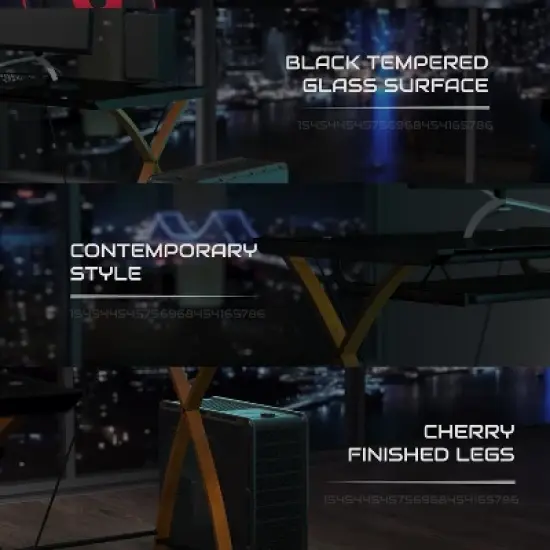 BlackArc L-Shaped Gaming Desk with Black Tempered Glass Surface and Crisscross Cherry Finished Legs - Sliding Keyboard Tray image {2}