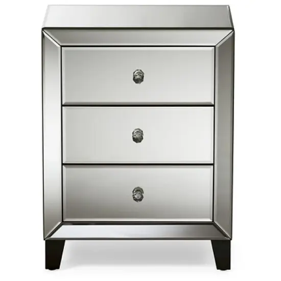 Chevron Modern And Contemporary Hollywood Regency Glamour Style Mirrored 3 - Drawers Nightstand Bedside Table - Baxton Studio image {1}