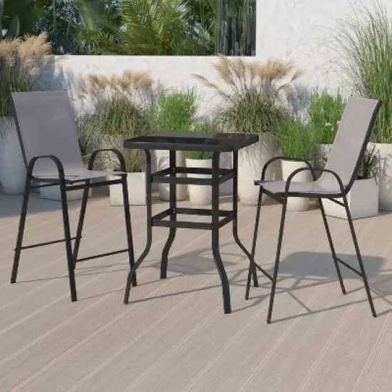 Emma and Oliver 3 Piece Outdoor Bar Height Set-Glass Patio Bar Table-All-Weather Barstools image {1}