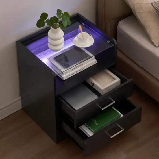 LED Night Stand with 2 Drawers - Smart End Side Table with Glass Top & LED Lights - Modern Bedside Table for Bedroom, Living Room & Dorm, White image {5}