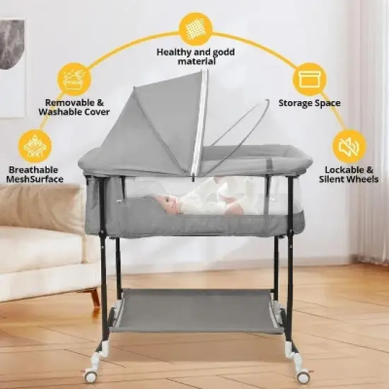 GOTGELIF 4-in-1 Baby Bassinet Crib with Adjustable Height, Bedside Sleeper, Changing Table & Mosquito Net image {2}
