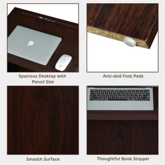 Costway Wooden Floor Standing Podium Speaking Lectern w/ Adjustable Shelf & Pen Tray & Cable Holes Brown/Black image {9}