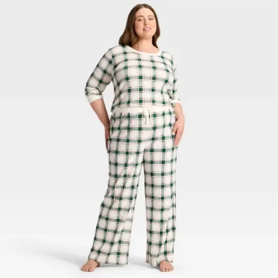 Women's Plaid Ribbed Holiday Matching Family Pajama Pants - Wondershop&trade; Cream image {2}