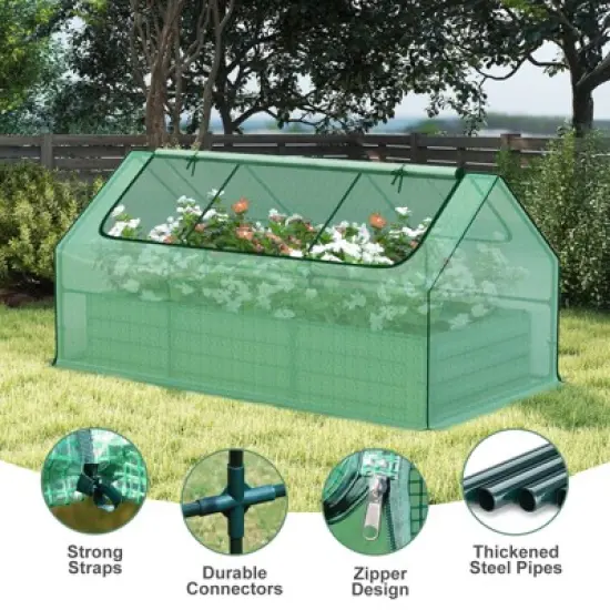 Aoodor 6 x 3 x 1 ft Raised Garden Bed with Mini Greenhouse Kit, Metal Planter Box with 2 Roll-Up Zipper Doors for Vegetables, Herbs, and Flowers image {3}