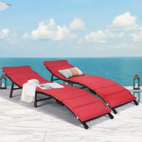 Costway 2PCS Patio Rattan Folding Lounge Chair Stackable Double Sided Cushion Outdoor Red image {9}