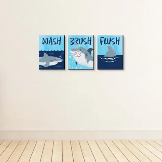 Big Dot of Happiness Shark Zone - Kids Bathroom Rules Wall Art - 7.5 x 10 inches - Set of 3 Signs - Wash, Brush, Flush image {2}