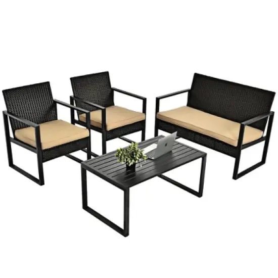 Costway 4PCS Patio Rattan Furniture Set Cushioned Sofa Coffee Table Garden Deck Brown image {8}