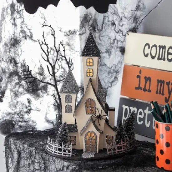 Whisen Halloween Cardboard Haunted House Decor with LED Lights, Battery Powered - Beige & Black image {3}