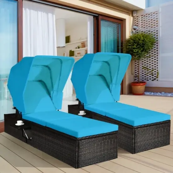 Tangkula 2PCS Rattan Patio Chaise Lounge Chair W/ Adjustable Canopy Turquoise Cushion image {1}