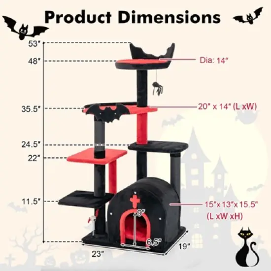 Costway 6-Tier Gothic Cat Tree 53&rdquo; Tall Cat Tower w/ Cat Bed Arch-Shaped Condo Pompom image {2}