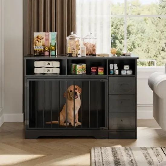 48'' High Quality Wood Dog Crate Furniture with Bowl & Storage Drawers  for Small Medium, Black image {8}