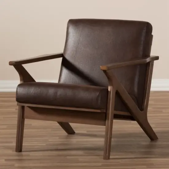 Bianca Mid Century Modern Walnut Wood Distressed Faux Leather Lounge Chair Dark Brown - Baxton Studio image {7}