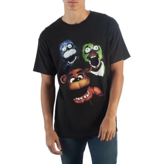 FNAF Film Style Group T-Shirt, Creepy Animatronics Chica Bonnie Freddy Fazbear's Pizza, Black Fitted Tee image {5}