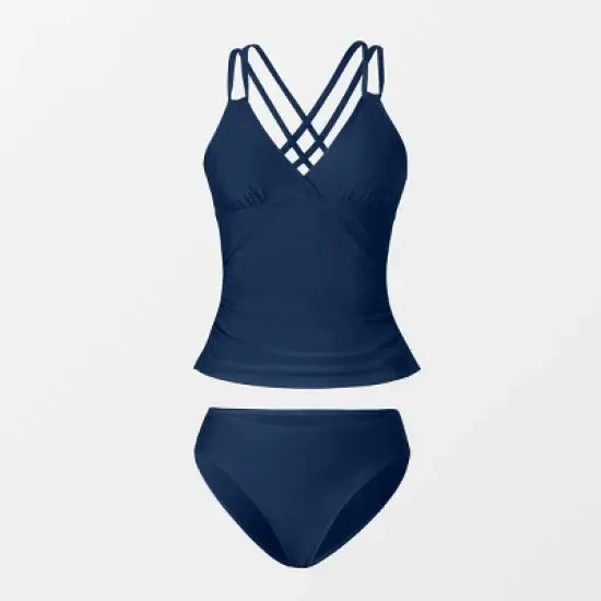 Women's V Neck Ruched Double Crisscross Tankini Set - Cupshe- Blue image {1}