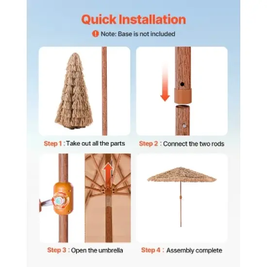 VEVOR Tiki Umbrella, 9 ft Thatched Patio Umbrella with Tilt, Hawaiian Style Beach Parasol with Durable PP Thatch and 8 Metal Ribs, Original Color image {5}